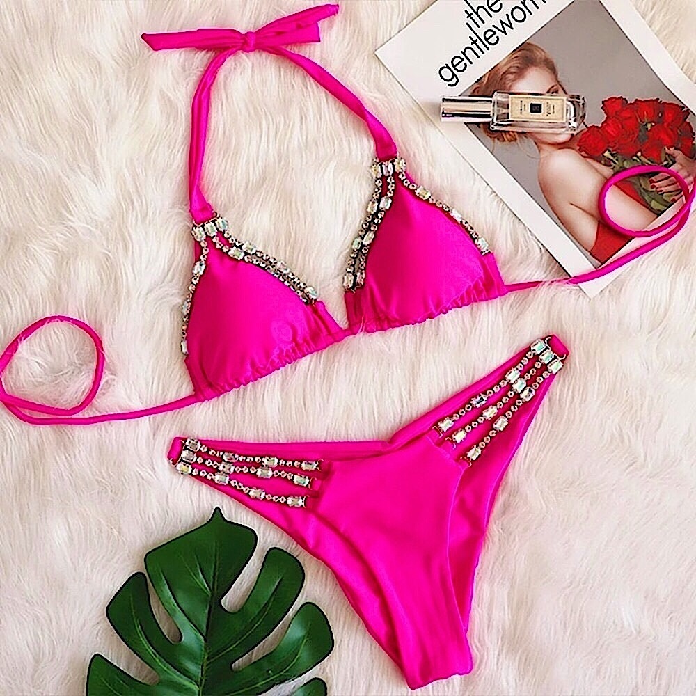 Hot pink crystal lined bikini set - Picture 7 of 13